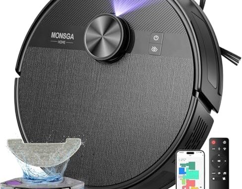 MONSGA Robot Vacuum and Mop Combo, 7000Pa Robotic Vacuum with Lidar Navigation, 180mins Runtime, Tangle-Free Robot Mop, 5 Editable Maps, APP/Remote/Voice Control, Ideal for Hard Floors and Carpets